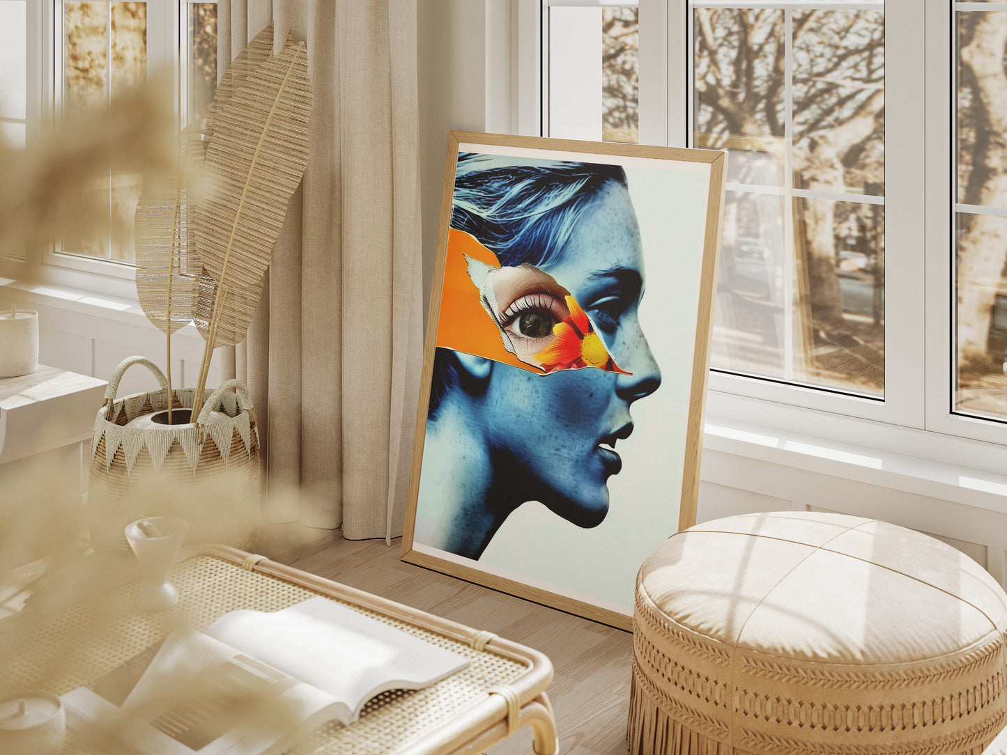 Surreal Blue Woman Portrait Poster | Orange Flower Collage Eye Art Print