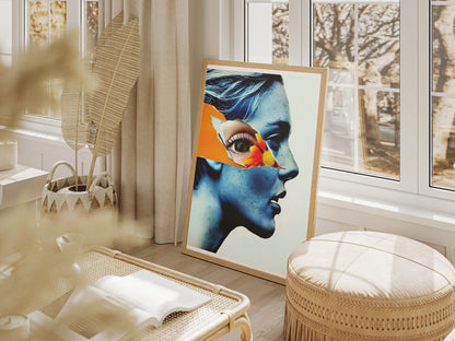 Surreal Blue Woman Portrait Poster | Orange Flower Collage Eye Art Print