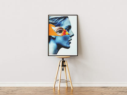 Surreal Blue Woman Portrait Poster | Orange Flower Collage Eye Art Print