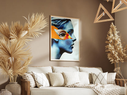 Surreal Blue Woman Portrait Poster | Orange Flower Collage Eye Art Print
