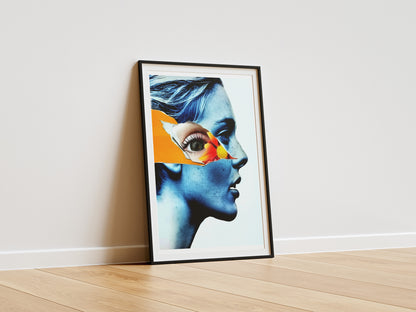 Surreal Blue Woman Portrait Poster | Orange Flower Collage Eye Art Print