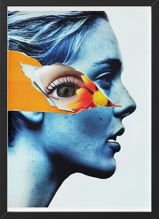 Surreal Blue Woman Portrait Poster | Orange Flower Collage Eye Art Print