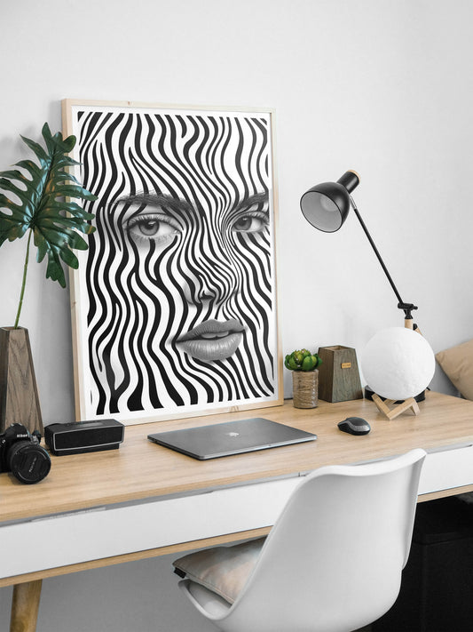 Black and White Optical Illusion Face Art | Surreal Abstract Monochrome Wall Poster