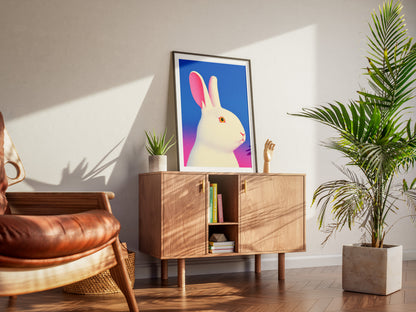 White Rabbit Poster | Neon Gradient Bunny Wall Art for Modern Interiors