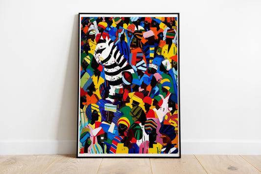 Zebra in the Crowd Poster | Vibrant African Art with Carnival Energy