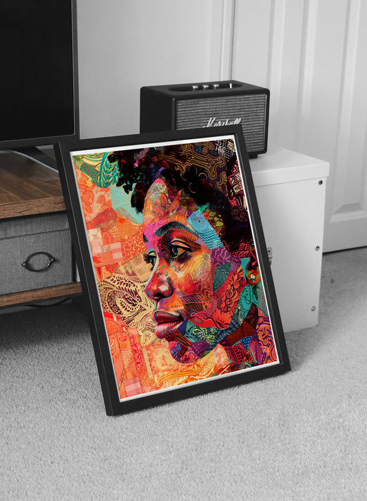 Colorful African American Woman Wall Art | Textile Collage Afrocentric Portrait Poster