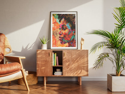 Colorful African American Woman Wall Art | Textile Collage Afrocentric Portrait Poster