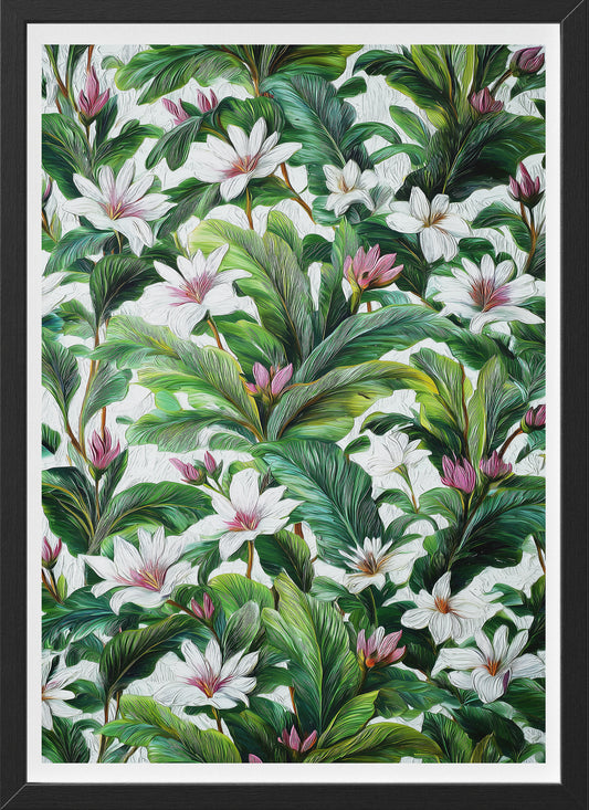 Tropical Botanical Wall Art Poster | Green & White Floral Jungle Print