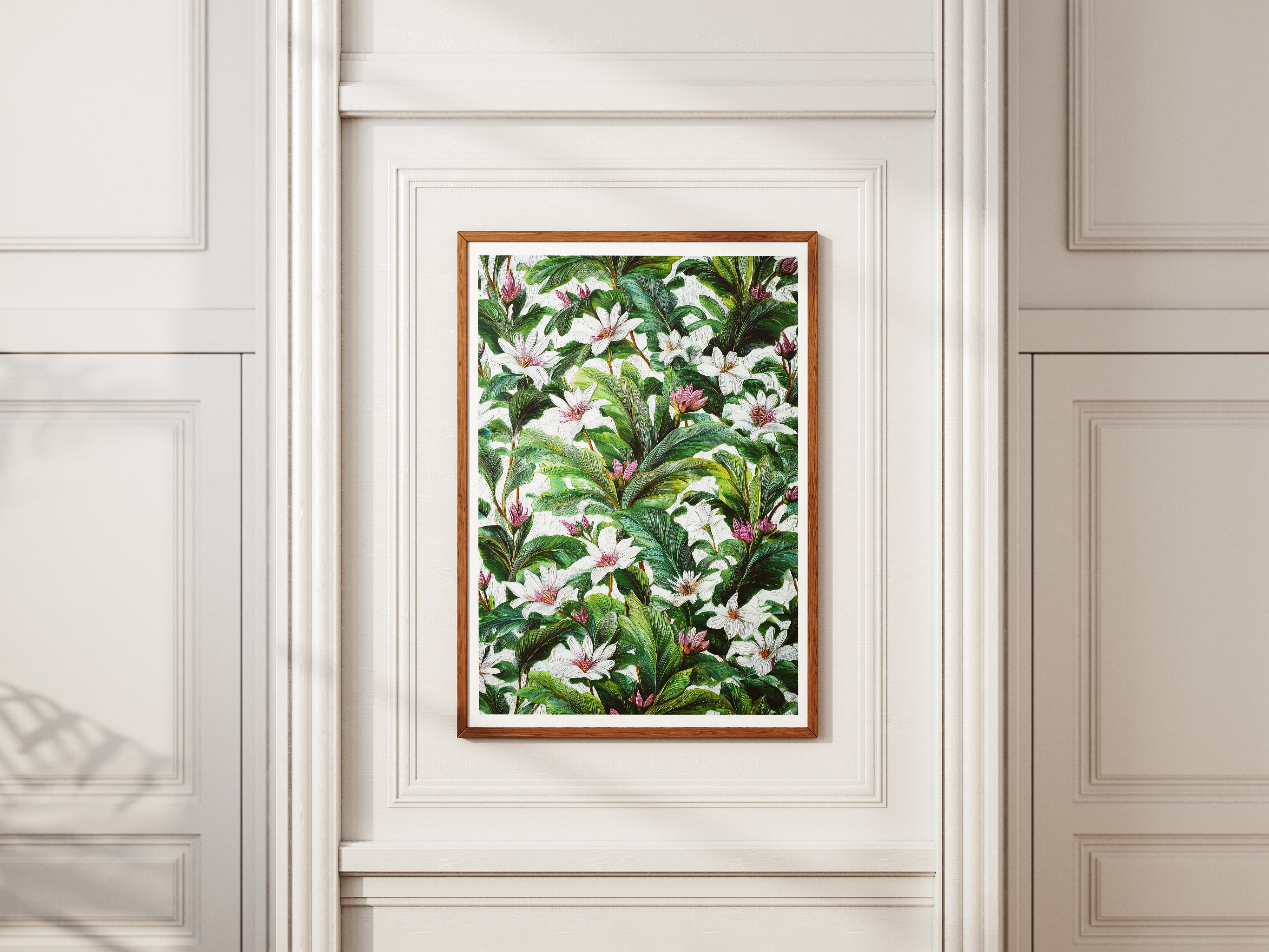 Tropical Botanical Wall Art Poster | Green & White Floral Jungle Print
