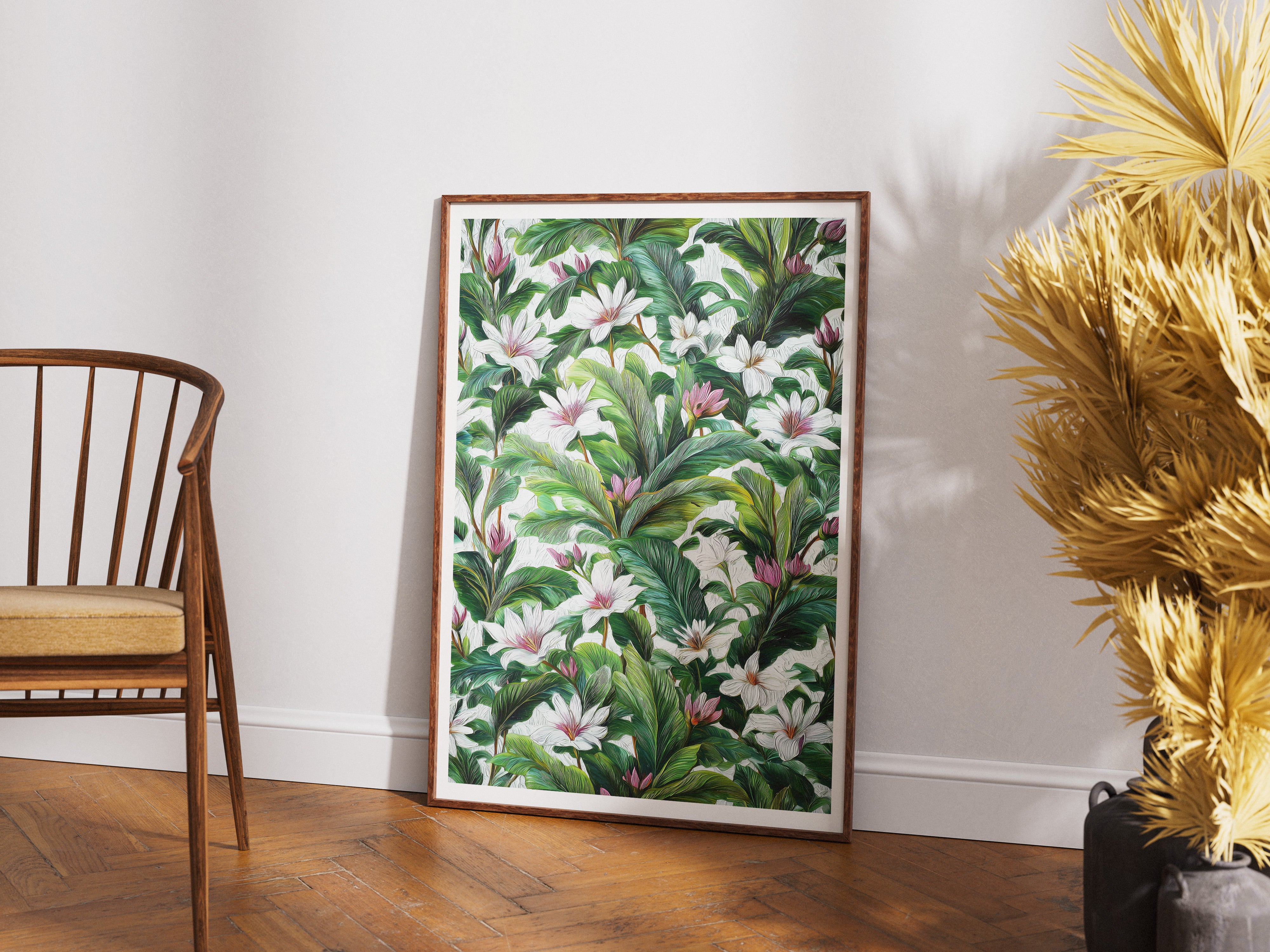 Tropical Botanical Wall Art Poster | Green & White Floral Jungle Print