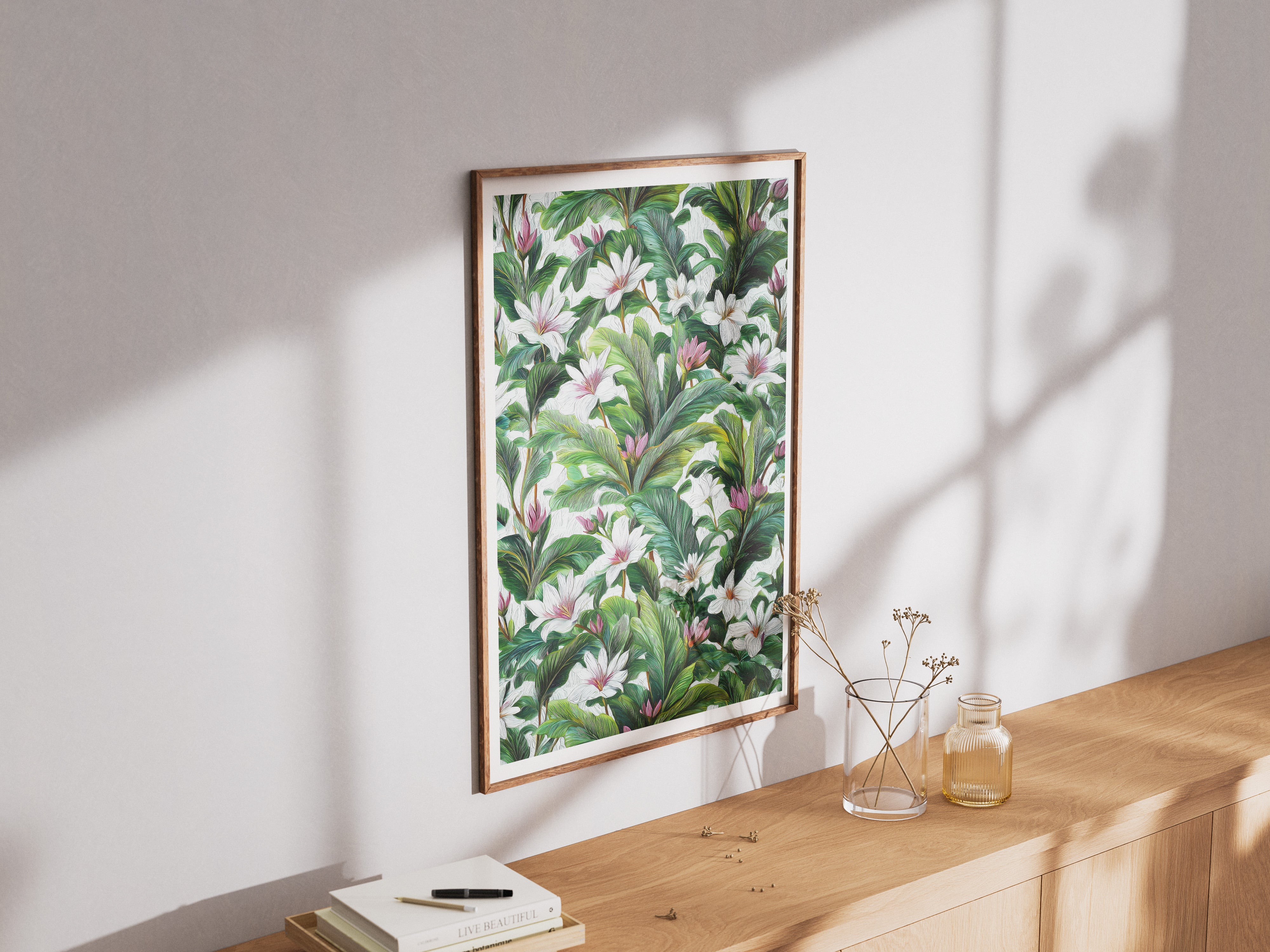 Tropical Botanical Wall Art Poster | Green & White Floral Jungle Print