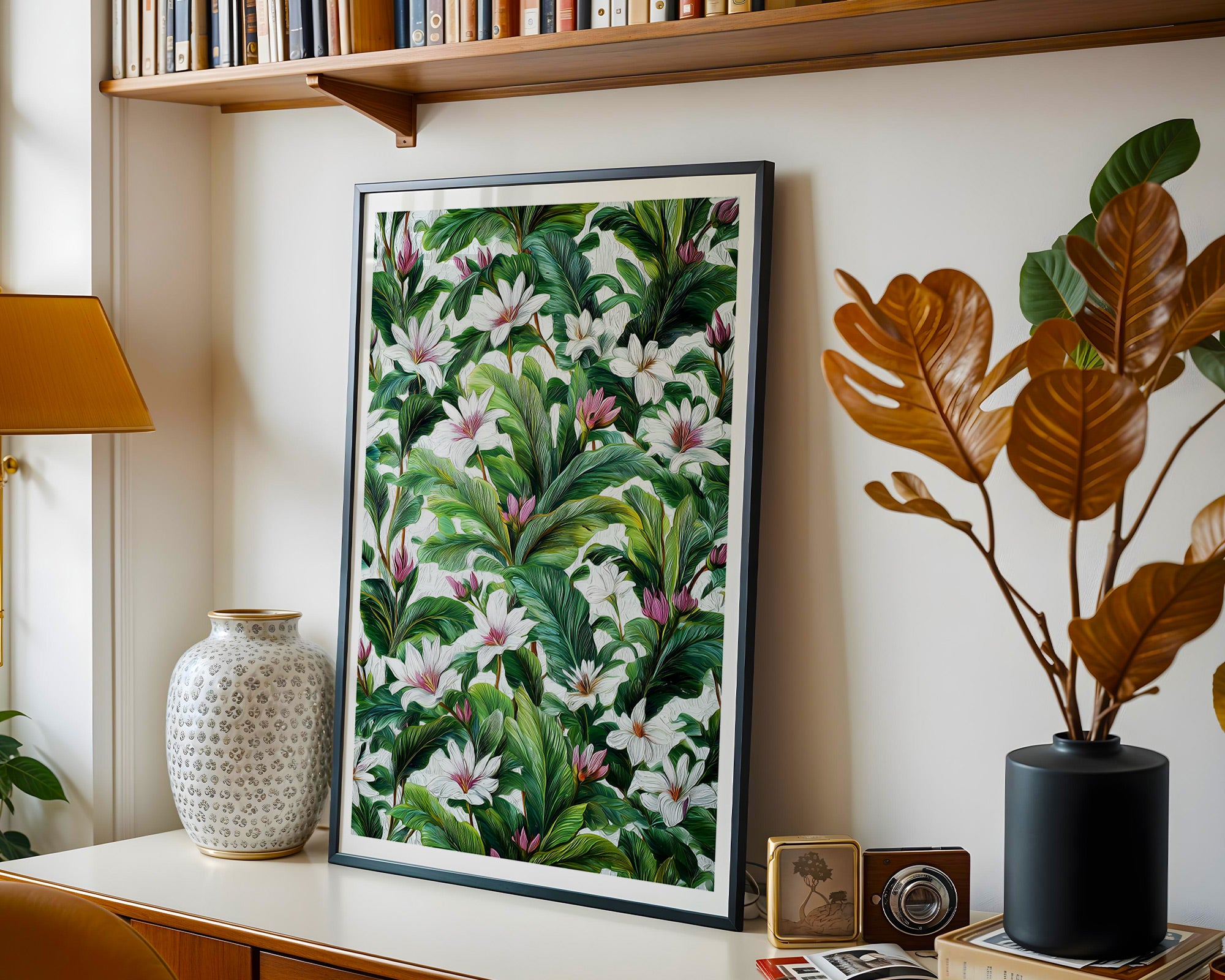 Tropical Botanical Wall Art Poster | Green & White Floral Jungle Print