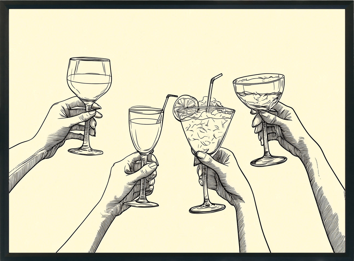 Minimalist Cheers Poster | Hand Drawn Cocktail & Wine Line Art