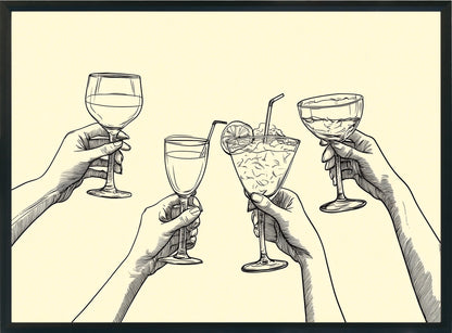 Minimalist Cheers Poster | Hand Drawn Cocktail & Wine Line Art
