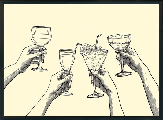 Minimalist Cheers Poster | Hand Drawn Cocktail & Wine Line Art